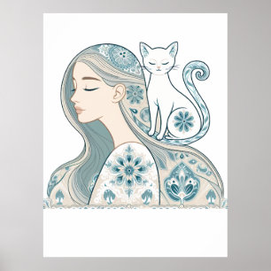 Elegante vrouw & kat Bloemen Art Nouveau Design Poster
