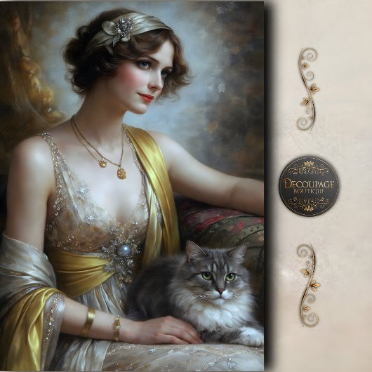 Elegante Vrouw Kat Portret Decoupage Tissuepapier