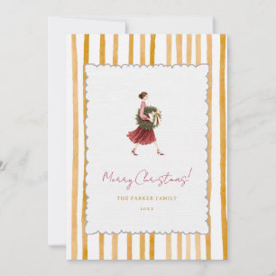 Elegante vrouw kerst geel strepen foto feestdagenkaart