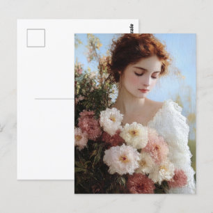 Elegante vrouw met bloemen schilderen briefkaart
