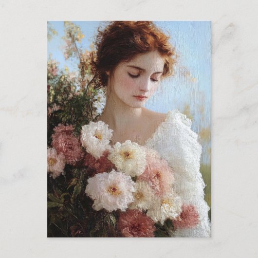 Elegante vrouw met bloemen schilderen briefkaart (Voorkant)