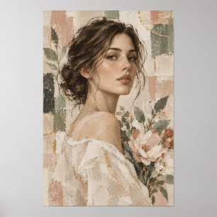 Elegante vrouw met bloemen Zachte neutrale figurat Poster