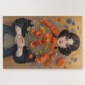 Elegante vrouw met boeket van papaverbloemen legpuzzel (Horizontaal)