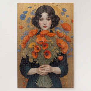 Elegante vrouw met boeket van papaverbloemen legpuzzel