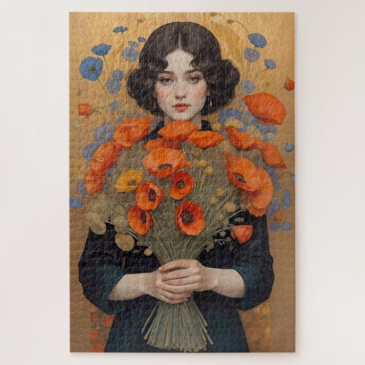 Elegante vrouw met boeket van papaverbloemen legpuzzel (Verticaal)