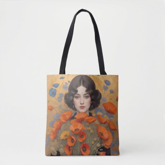 Elegante vrouw met boeket van papaverbloemen tote bag (Voorkant)