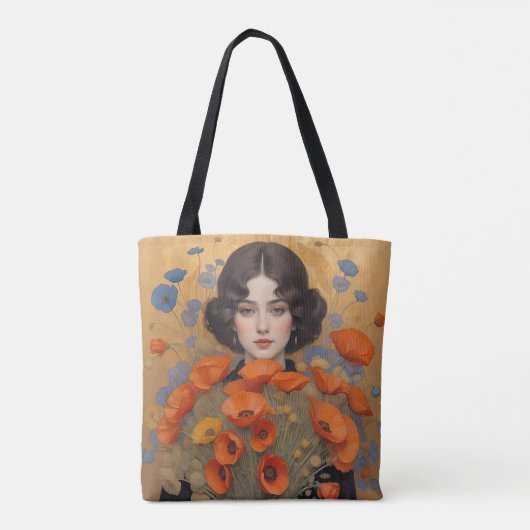 Elegante vrouw met boeket van papaverbloemen tote bag (Achterkant)
