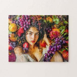 Elegante vrouw met granaatappeldruiven en bloemen legpuzzel