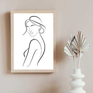 Elegante vrouw met hoed minimalistische lijnkunst poster