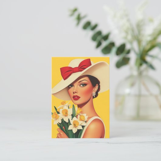 Elegante vrouw met narcissen visitekaartje (Staand voorkant)