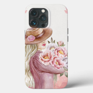 Elegante vrouw met pioenrozen Aquarel Kunstprint Case-Mate iPhone Case