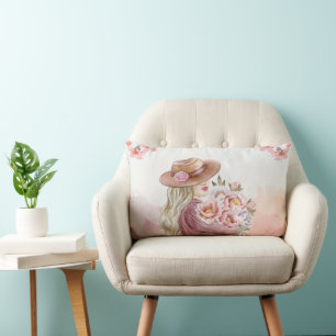 Elegante vrouw met pioenrozen Aquarel Kunstprint Kussen