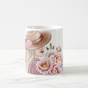 Elegante vrouw met pioenrozen watercolor kunstprin koffiemok