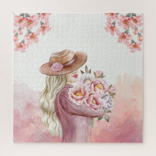 Elegante vrouw met pioenrozen watercolor kunstprin legpuzzel
