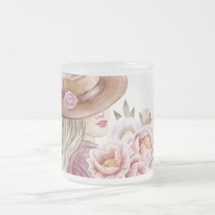 Elegante vrouw met pioenrozen watercolor kunstprin matglas koffiemok