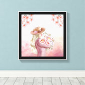 Elegante Vrouw met Pioenrozen Waterverf Art Print (Insitu (Houten vloer))