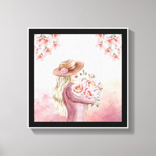 Elegante Vrouw met Pioenrozen Waterverf Art Print (Voorkant)