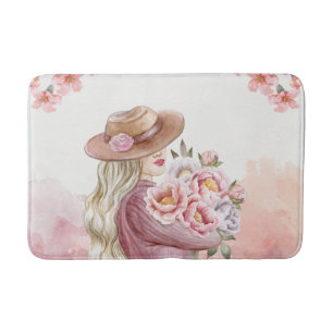 Elegante Vrouw met Pioenrozen Waterverf Art Print Badmat