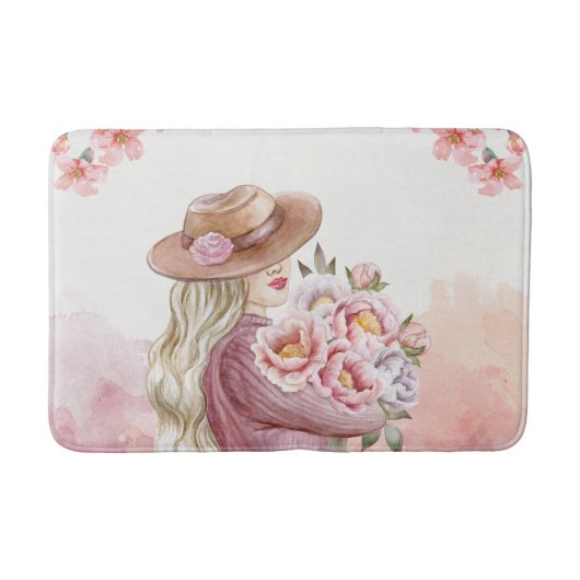 Elegante Vrouw met Pioenrozen Waterverf Art Print Badmat (Voorkant)