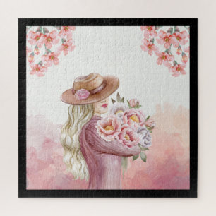 Elegante Vrouw met Pioenrozen Waterverf Art Print Legpuzzel