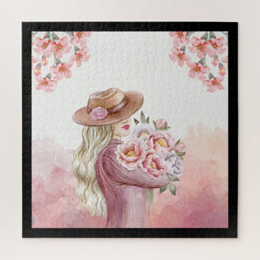 Elegante Vrouw met Pioenrozen Waterverf Art Print Legpuzzel (Verticaal)