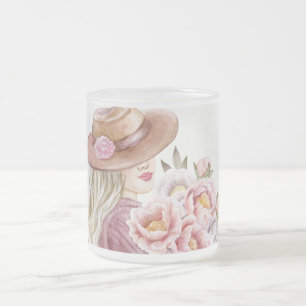 Elegante Vrouw met Pioenrozen Waterverf Art Print Matglas Koffiemok