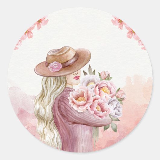 Elegante Vrouw met Pioenrozen Waterverf Art Print Ronde Sticker (Voorkant)