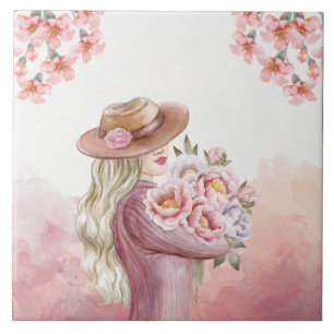Elegante Vrouw met Pioenrozen Waterverf Art Print Tegeltje