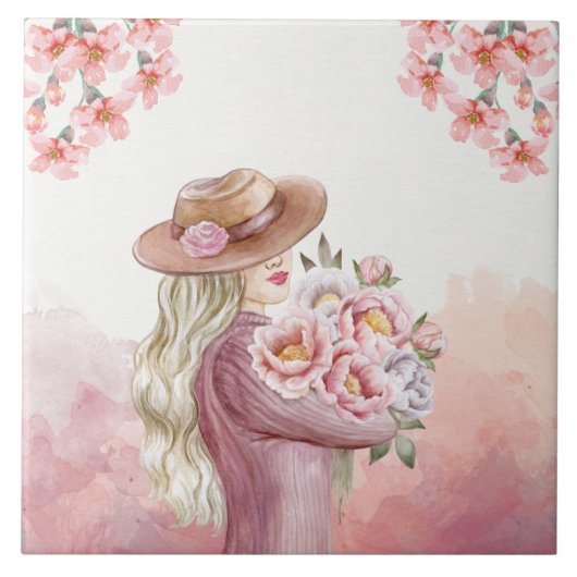 Elegante Vrouw met Pioenrozen Waterverf Art Print Tegeltje (Voorkant)
