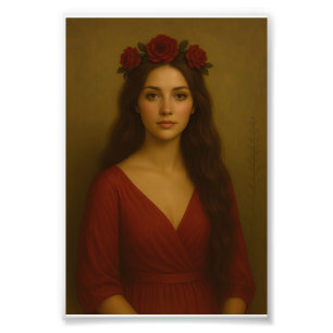 Elegante vrouw met rode roos kroon - tijdloze vloe foto afdruk