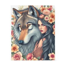 Elegante vrouw met wolf & bloemen metaal kunstprin