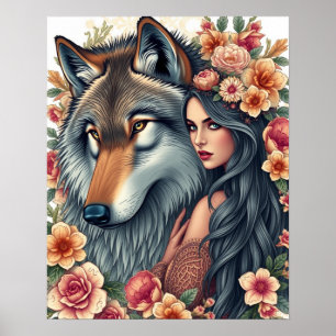 Elegante vrouw met wolf en bloemen poster