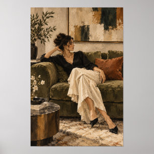 Elegante vrouw op fluwelen bank contemporaine figu poster