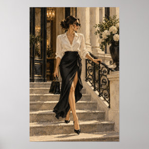 Elegante vrouw op stenen trappen Mode Figuratief W Poster