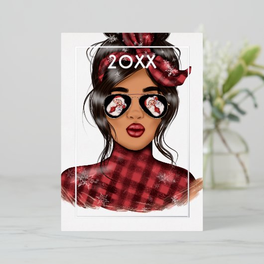 Elegante vrouw rode buffelruit Kerstmis Folie Feestdagenkaart (Staand Voorkant)