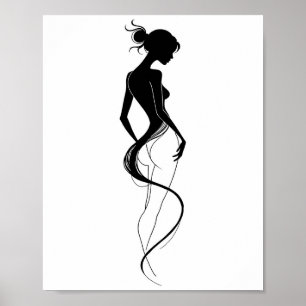 Elegante Vrouw Silhouet Abstracte Lijnkunst Zwart Poster
