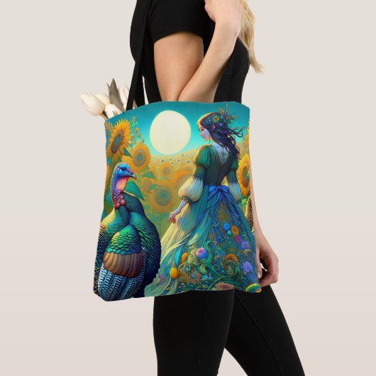Elegante vrouw, Turkije en zonnebloemen Tote Bag (Dichtbij)