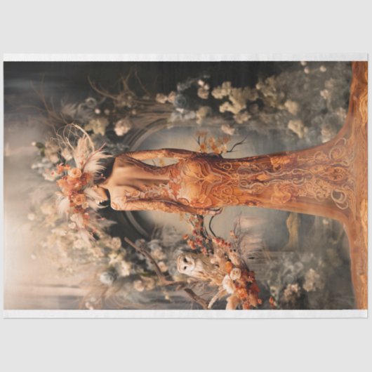 Elegante Vrouw, Uil & Bloemenboog, Portretkunst Tissuepapier (Voorkant)