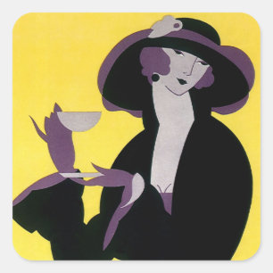 Elegante vrouw uit het verleden drinkt thee op een vierkante sticker
