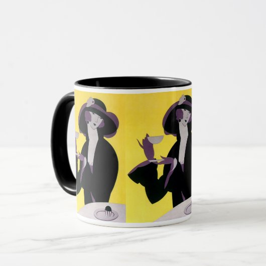 Elegante vrouw uit het verleden drinkt thee tijden mok (Voorkant links)