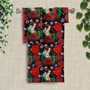Elegante vrouw Venetiaans masker rood groen Bad Handdoek