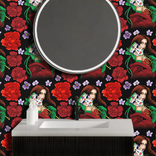 Elegante Vrouw Venetiaans Masker Rood Groen Behang