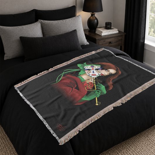 Elegante Vrouw Venetiaans Masker Rood Groen Deken