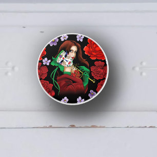 Elegante Vrouw Venetiaans Masker Rood Groen Keramische Knop