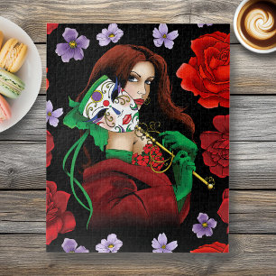 Elegante vrouw Venetiaans masker rood groen Legpuzzel