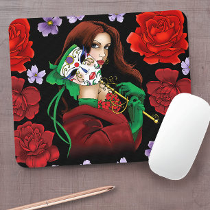 Elegante vrouw Venetiaans masker rood groen Muismat
