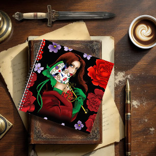Elegante Vrouw Venetiaans Masker Rood Groen Notitieboek