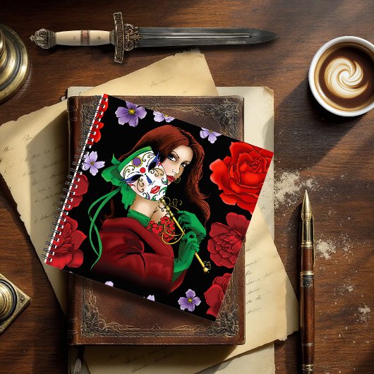 Elegante Vrouw Venetiaans Masker Rood Groen Notitieboek