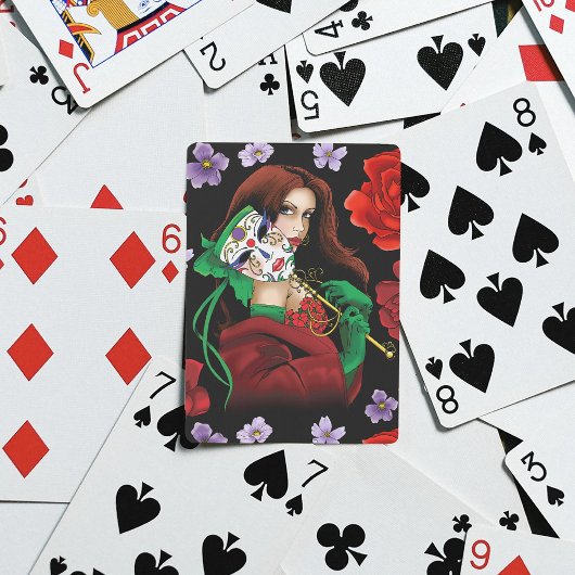 Elegante Vrouw Venetiaans Masker Rood Groen Pokerkaarten