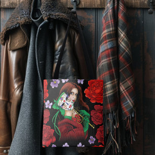 Elegante vrouw Venetiaans masker rood groen Tote Bag